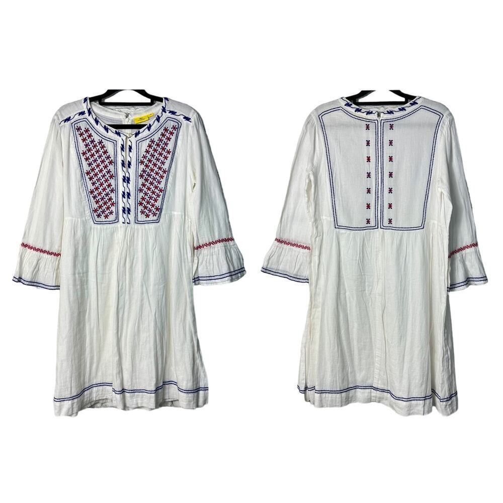 Roller Rabbit Dress Embroidered Cotton Mini Flare 3/4 Sleeve White Blue Pink XS
